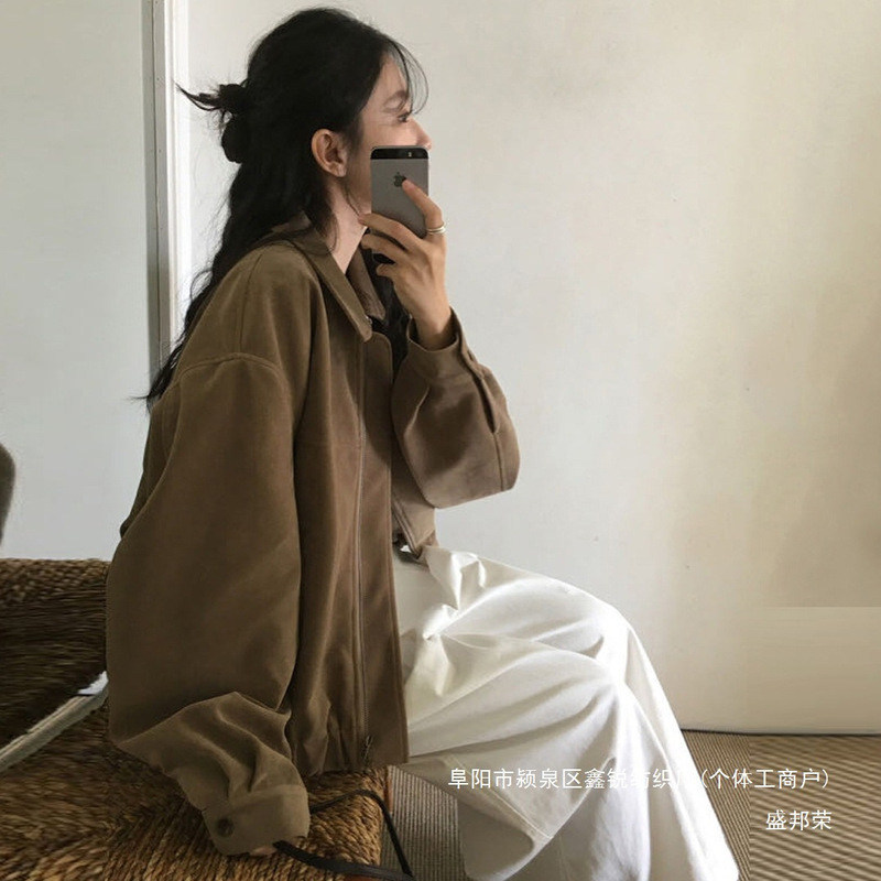厂家直销尺寸已更新 法式复古感代款拉链皮绒短外套|undefined