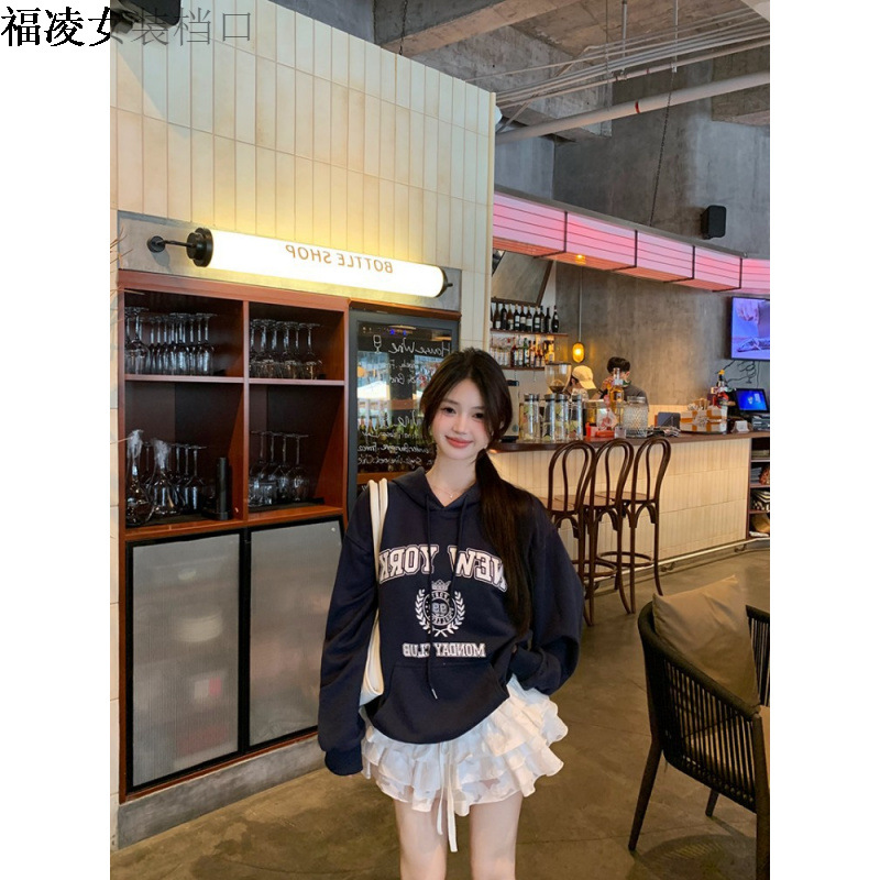 미국 지구 특대 레트로 인쇄 후드 스웨트 여성 가을 캐주얼 루즈 숄더 탑