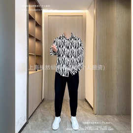 韩版潮流痞帅斑马纹衬衫套装男士休闲百搭宽松衬衣