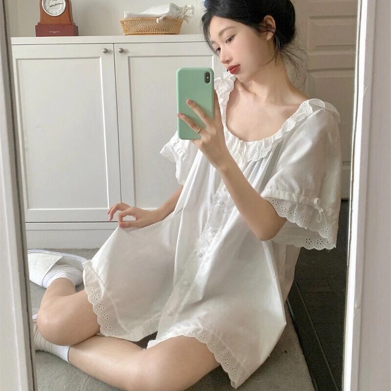 フランスのプリンセス風の透かし彫りのレースの眠りのスカートの女性の夏のゆったりしている女性の半袖の白いワンピースの眠りのスカート|undefined