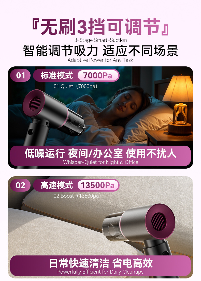 Wireless Car Vacuum Cleaner with Super Suction Power, Handheld Brushless for Car and Home Use, Small Size with Strong Suction, Cross-Border