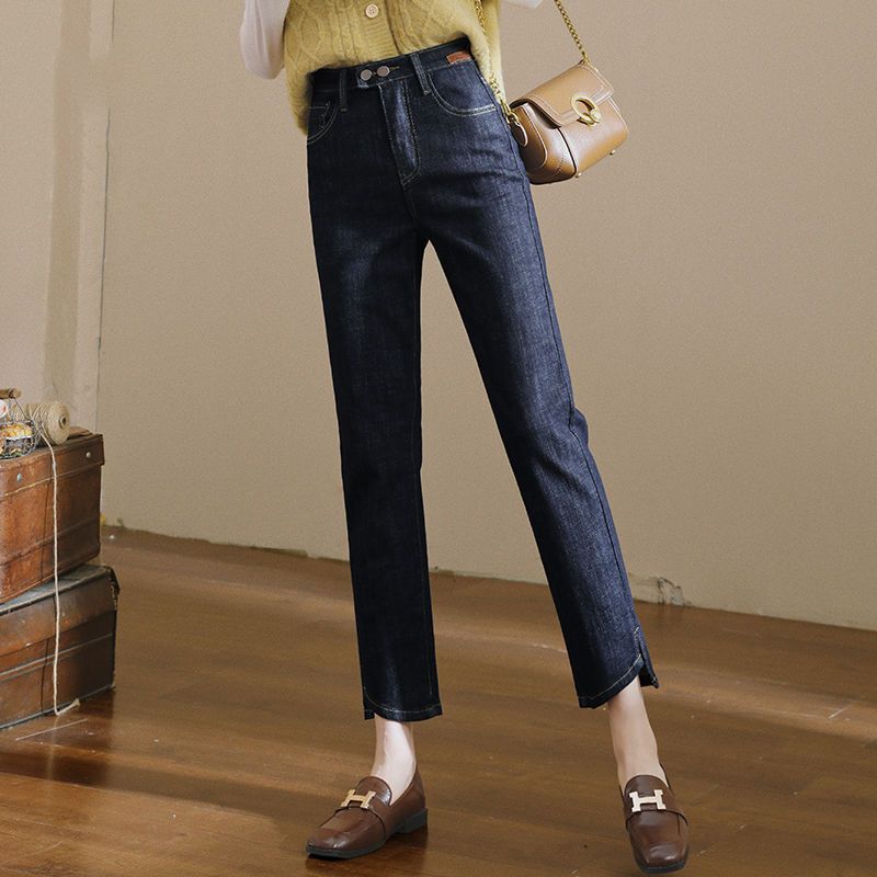 Fleece-Lined Thick Slit Straight-Leg Jeans for Women, Autumn and Winter, Stretchy, Loose, High-Waisted, Slimming, Cigarette Pants, Petite, Versatile