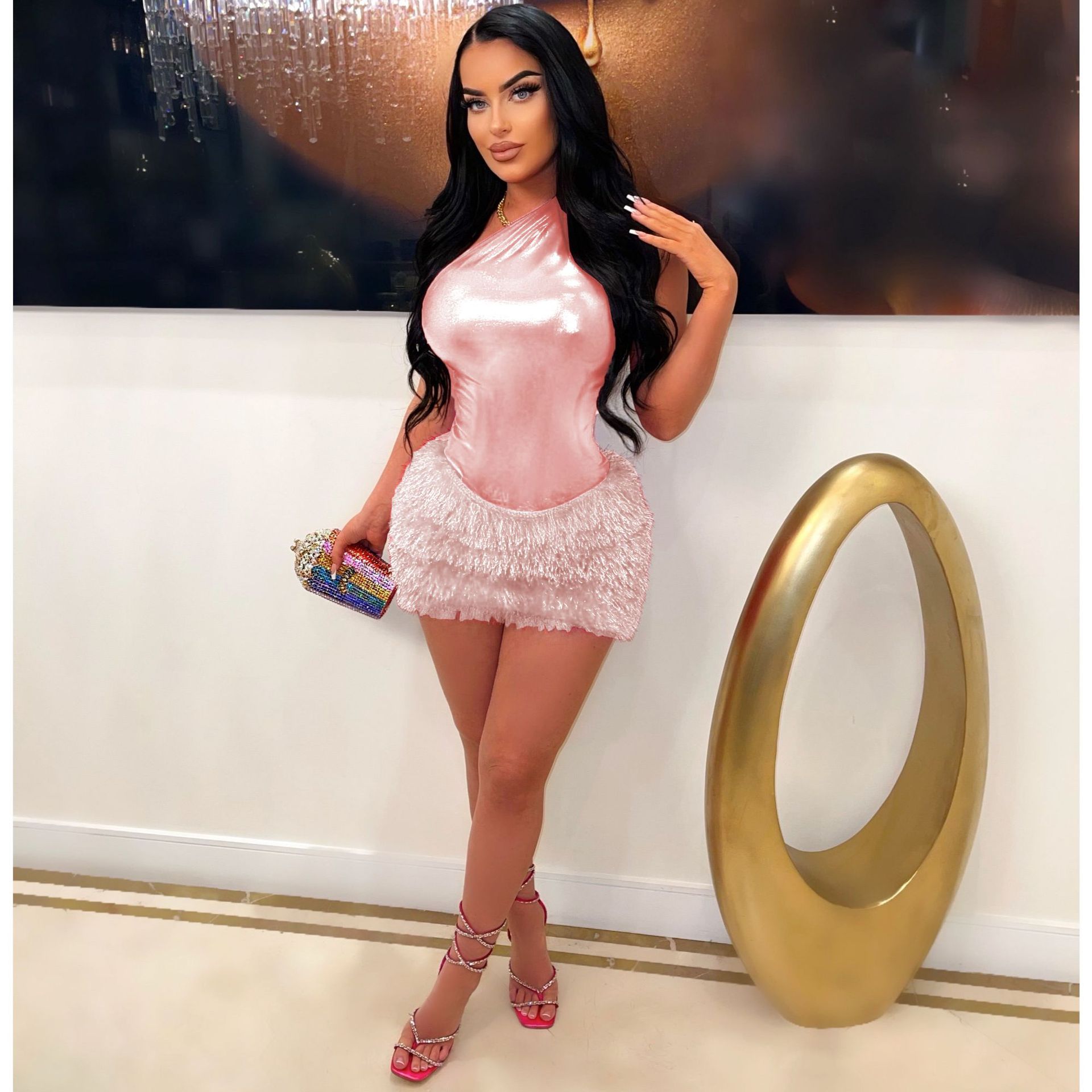 Women Clothing Skirt Set Jumpsuit Glossy Sexy Skirt Two Piece Set