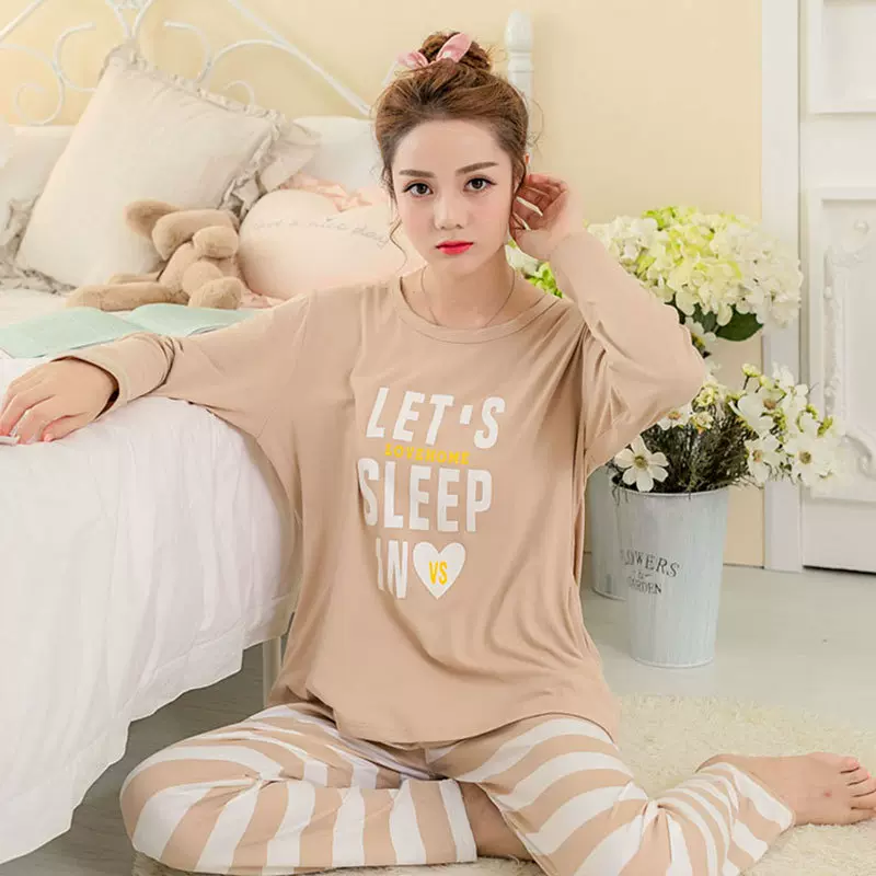 跨境降价清仓春秋季睡衣女长袖家居服简约条纹休闲女士舒适两件套