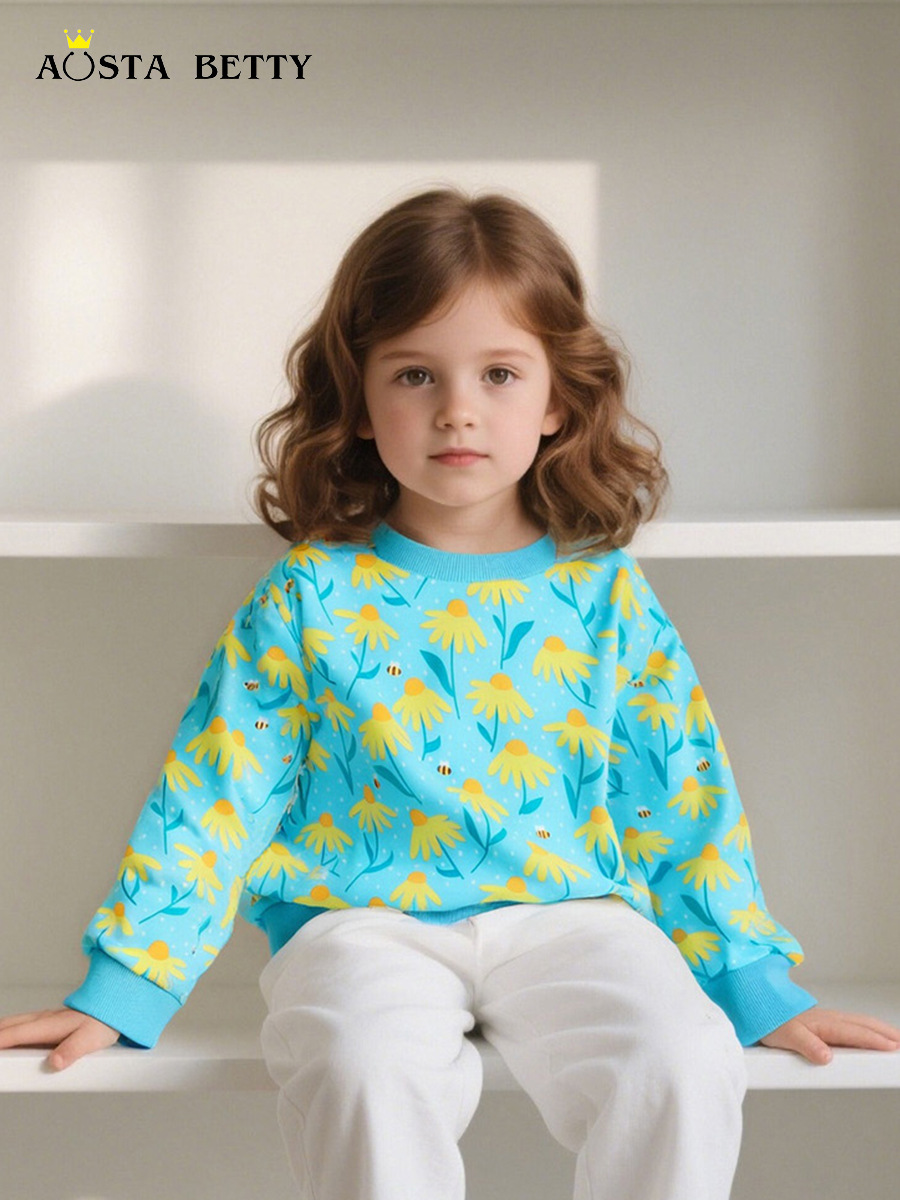 26 otoño suéter de punto de algodón para niñas sudadera de manga larga para niños sudadera de fondo de estilo europeo y americano moda flor estampada blusa para niños