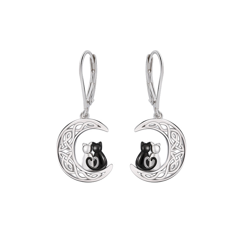 Europa y los Estados Unidos transfronterizos 925 plata esterlina dos gatitos huecos pendientes de luna nicho diseño de nuevos pendientes de alta calidad