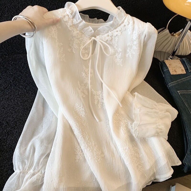 2026 Spring New French Gentle Style White Lace Tie Shirt for Women, Long Sleeve with Lace Collar Top 2026 Spring New French Gentle Style White Lace Tie Shirt for Women, Long Sleeve with Lace Collar Top