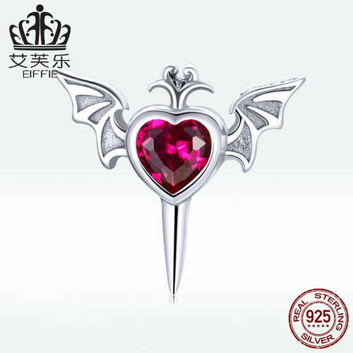 Elegant pure silver single earring with feather heart, S925 earring, single red zirconium simple heart-shaped earring accessory