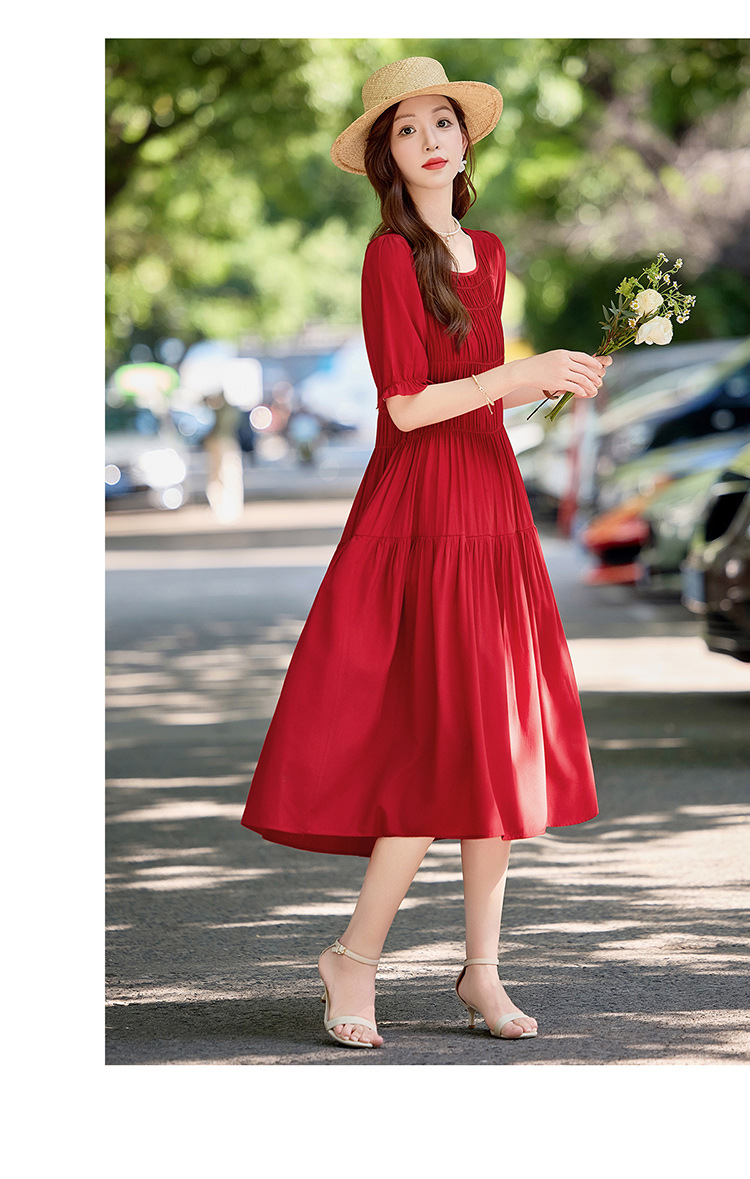 Đầm suông nữ midi che bụng eo màu trơn NI510 — Màu đen, Màu đỏ chi tiết 18