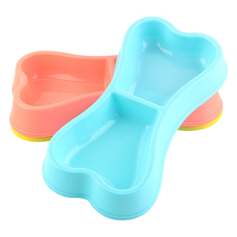Mascota doble tazón perro tazón plástico para mascotas tazón perro forma de hueso perro doble tazón dos en uno tazón de comida para mascotas