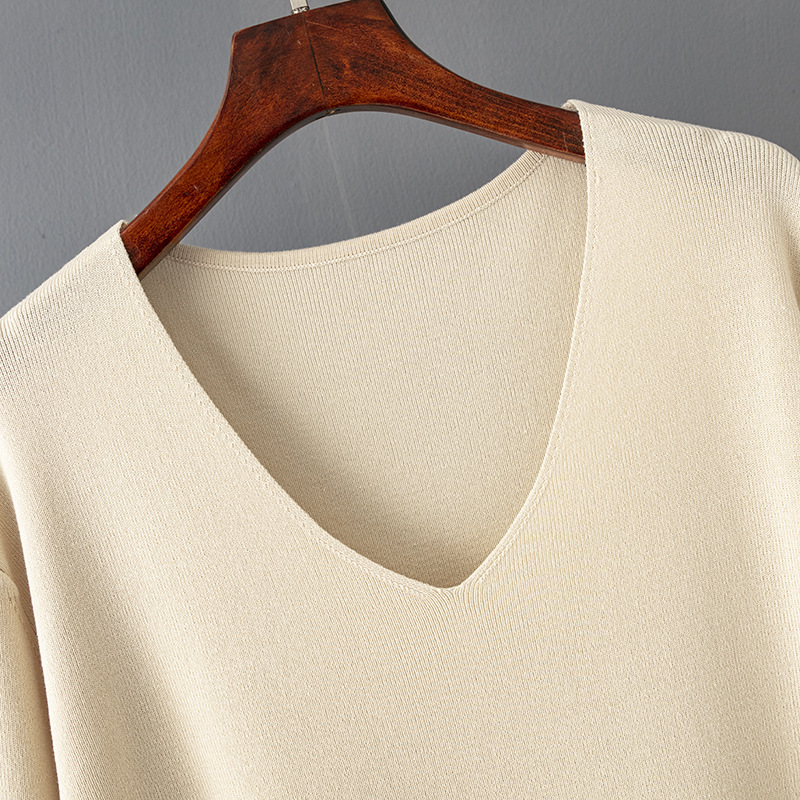 Solid Color V neck Ice Silk Suit Spring Autumn Loose High Waist Casual Two Piece Sweater