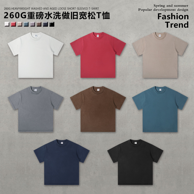 Cross-Border 260g Washed Vintage T-Shirt Men's Short-Sleeve Pure Cotton Summer Heavyweight Round Neck Printed Base Shirt Solid Color Wholesale