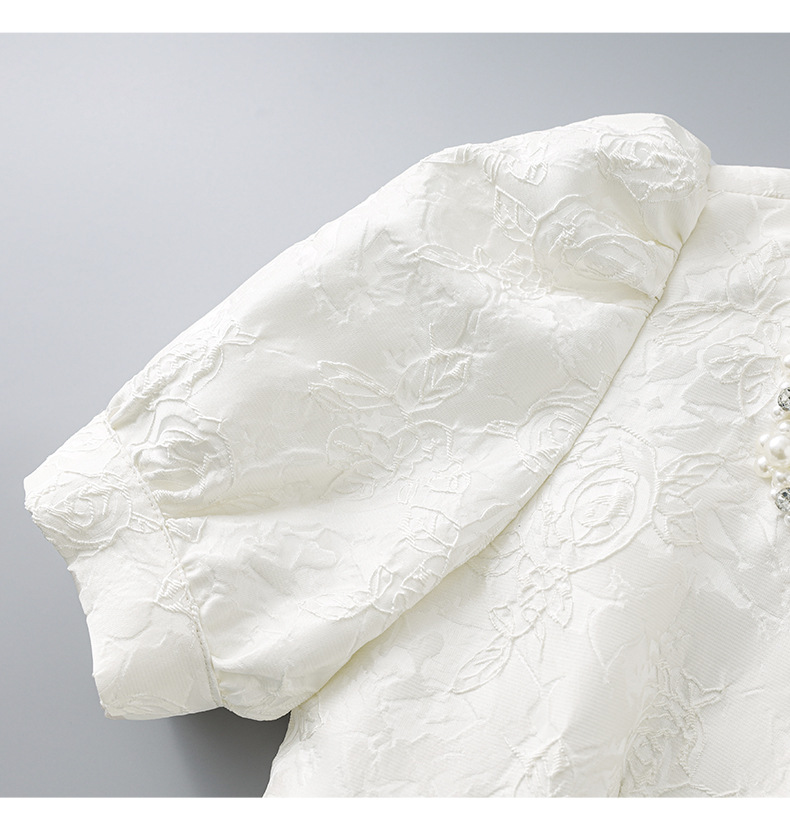Váy liền tay phồng cổ vuông jacquard nổi họa tiết ngọc trai phong cách tiểu thư — Màu be chi tiết 13