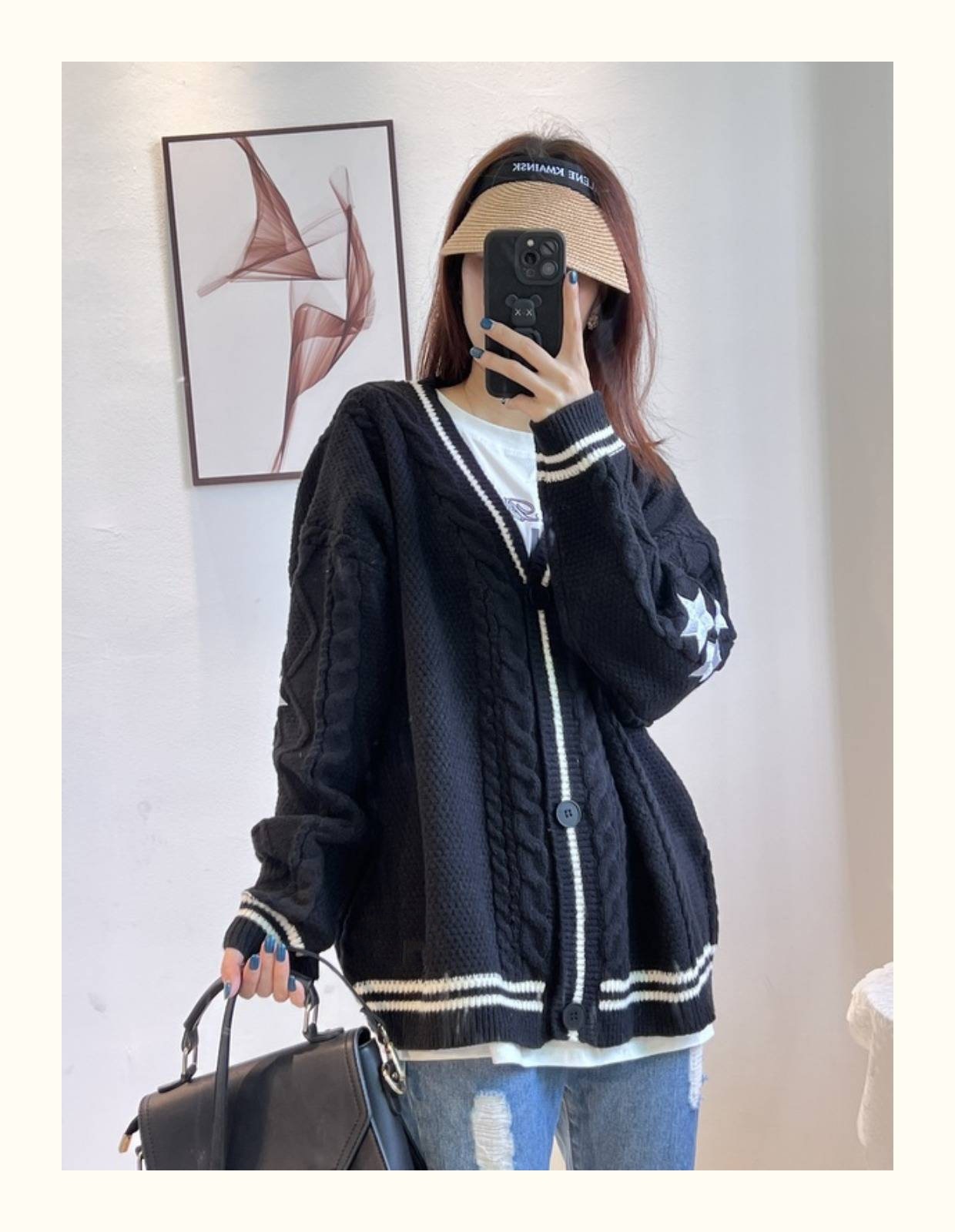 Europa y los Estados Unidos perezosos viento de punto Cardigan mujeres 2024 otoño invierno nuevos productos sueltos bordados estrellas de punto suéter chaqueta mujer image 8