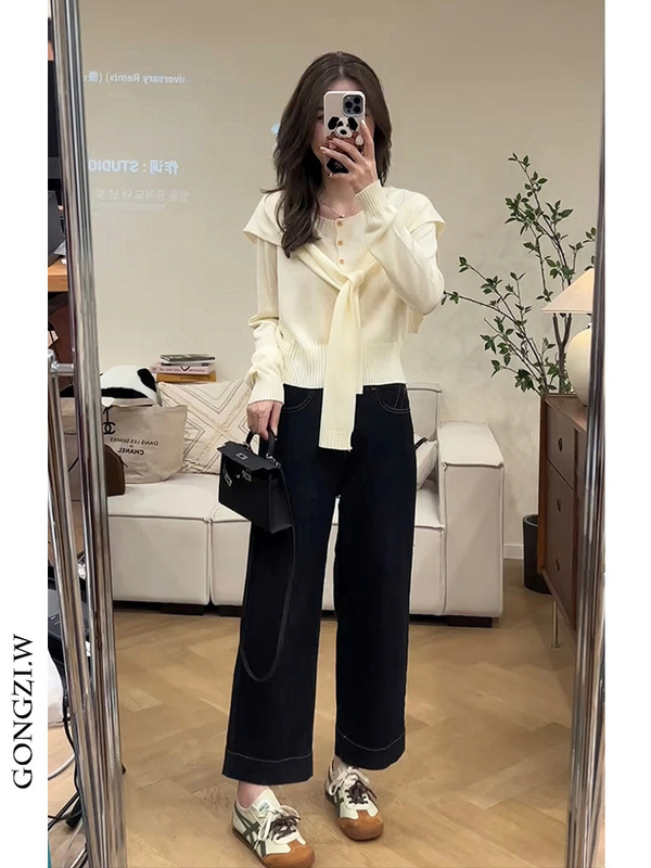 一整套入秋穿搭设计感时尚披肩针织上衣女直筒显瘦九分牛仔裤套装|undefined