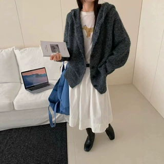韩系慵懒风连帽纽扣针织开衫女秋冬新款宽松百搭软糯毛衣外套上衣