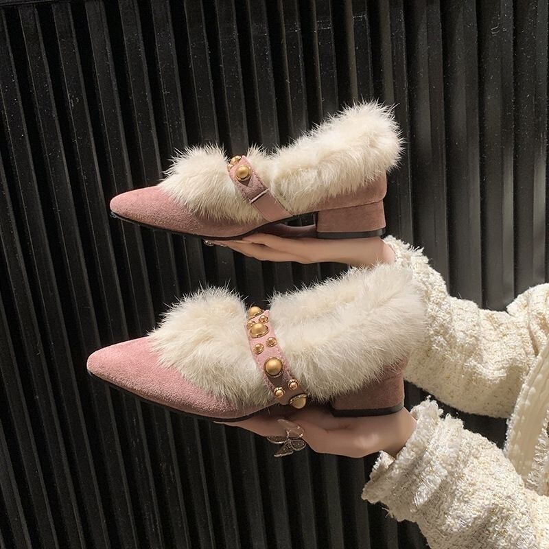 Everyday autumn and winter versatile chunky heel pointed toe shoes, new 2026 model, fairy gentle style slip-on furry shoes for outdoor wear Everyday autumn and winter versatile chunky heel pointed toe shoes, new 2026 model, fairy gentle style slip-on furry shoes for outdoor wear