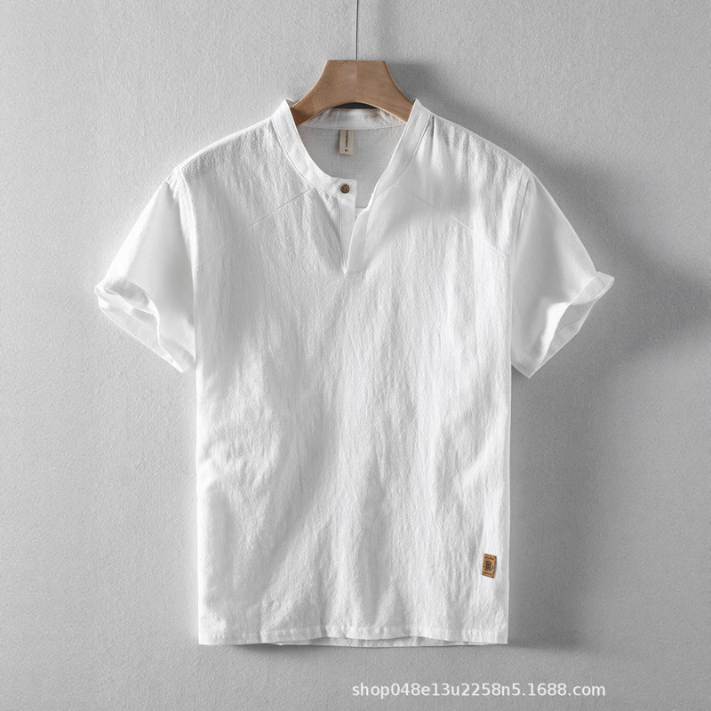 Young Men's Chinese Style Casual Stand-Collar Cotton and Linen Shirt, Men's Summer Trendy Harajuku Ins Solid Color Versatile Shirt