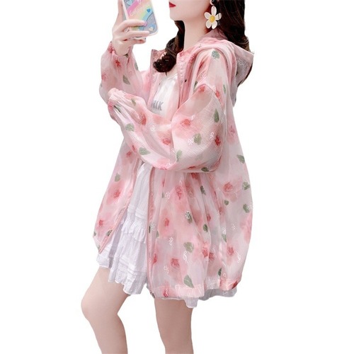 Women's Zipper Open Top Summer 2025 Relaxed Style Printed Design Hooded Sun Protection Long Sleeve Jacket