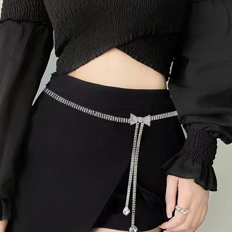 리본 라인스톤 허리 체인 실버 110cm