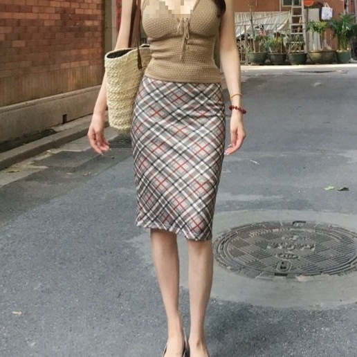 Wid Kwi 格纹半身裙女春秋季新款复古修身显瘦气质中长款包臀裙咖|undefined