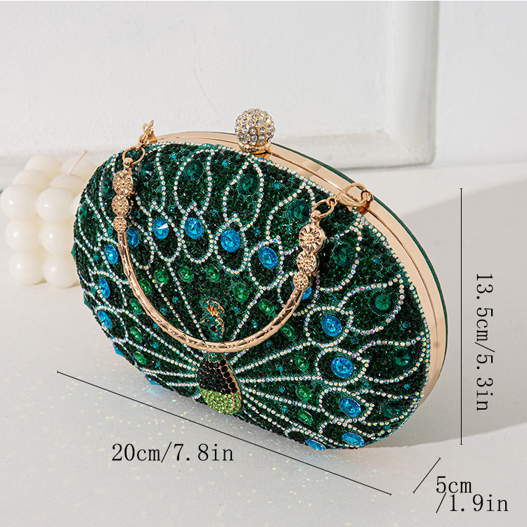 337g Weight Polyester Lining Material Lock clasp Closure Type Top Handle Strap Type Evening Bag Bags Type Club, Party Occasion Rhinestone Metal Peacock Oval Evening Bags
