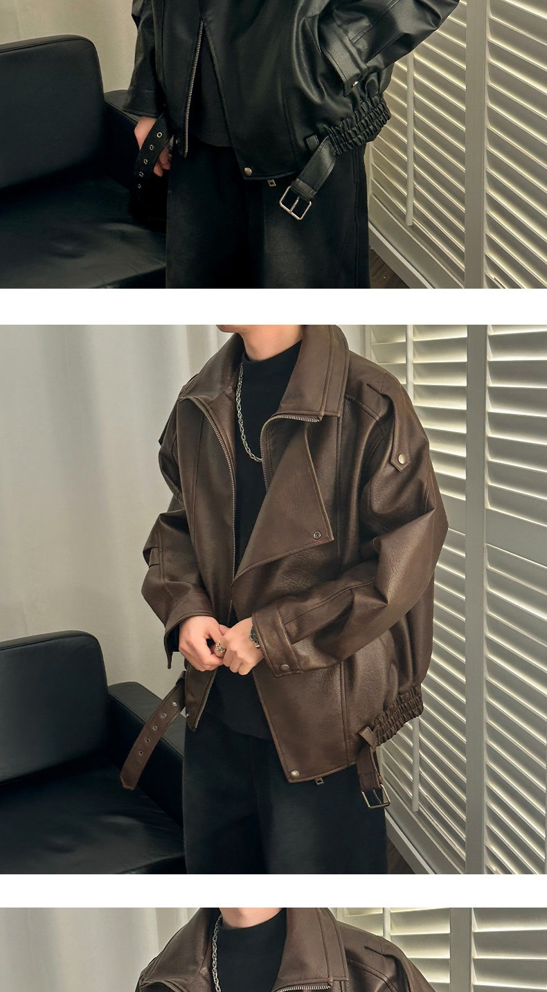 Men's Leather Jacket With Shoulder Pads And Lapel High-end Style_voghion.com