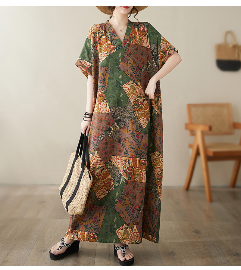 Vintage V-ausschnitt Strandkleid Aus Baumwollleinen Locker Geschnitten_voghion.com