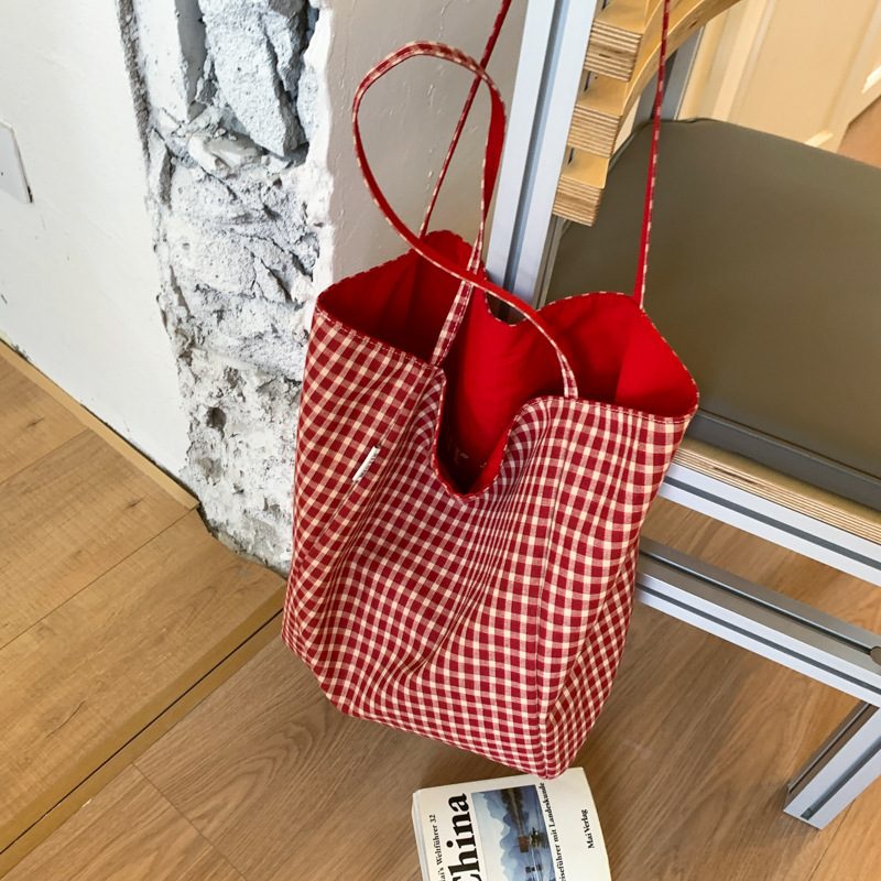 K-Style of Double-Sided Plaid Canvas Bag for Women 2025 New Niche Large-Capacity Lazy Style Tote Bag Casual Shopping Bag K-Style of Double-Sided Plaid Canvas Bag for Women 2025 New Niche Large-Capacity Lazy Style Tote Bag Casual Shopping Bag