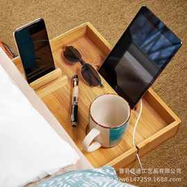 跨境木质床头置物架沙发扶手托盘水杯点心架床头手机充电支架餐盘