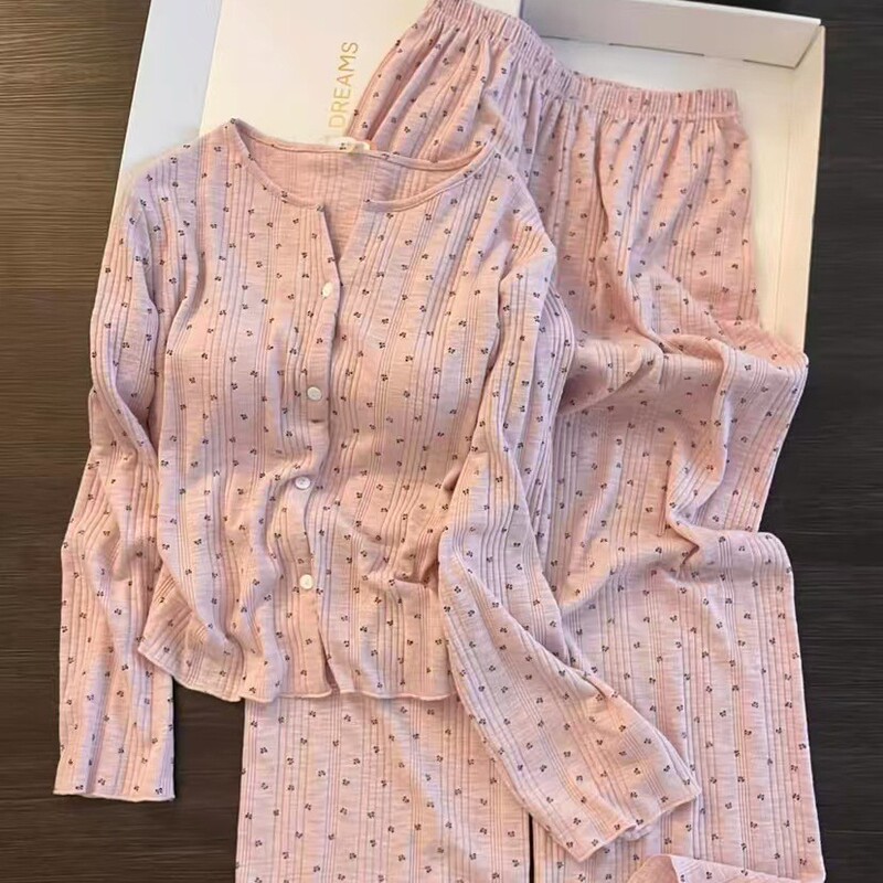 New Product~ Korean-Style Pastoral High-End Knitted Cotton Cardigan with Round Neck, Long Sleeves, Long Pants, Soft and Skin-Friendly Loungewear
