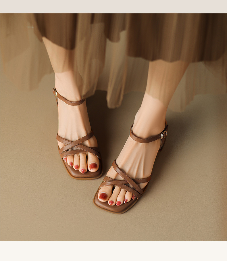 Sandal quai ngang gót vuông hở mũi da bò lớp đầu phong cách La Mã — Màu nâu chi tiết 8