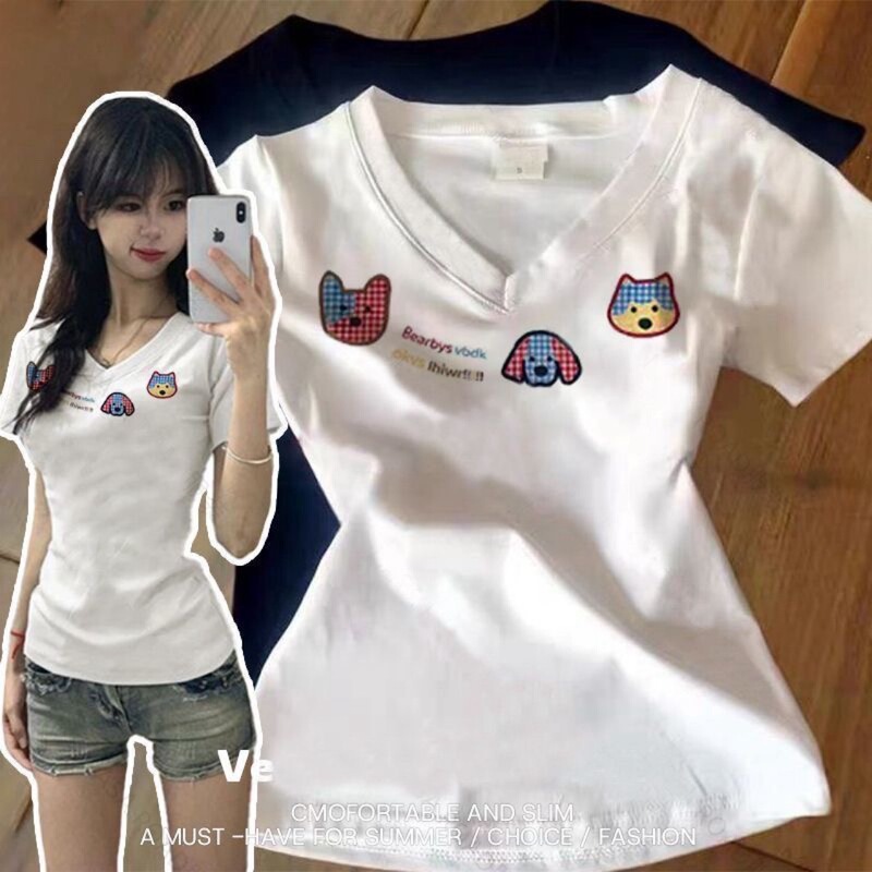 40番手綿韓国風シックな白右肩Vネックプリント半袖Tシャツレディース夏新作ドーパミン痩身|undefined