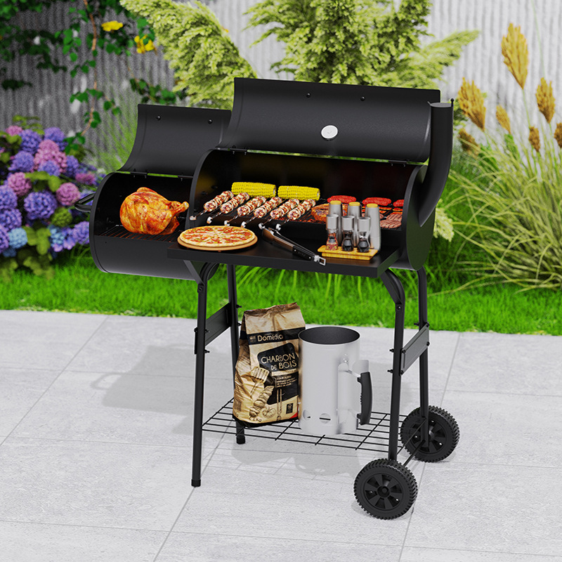 Parrilla de carbón de doble barril en stock con un gran y grueso soporte para barbacoa al aire libre de estilo americano para ahumar y asar en el patio.