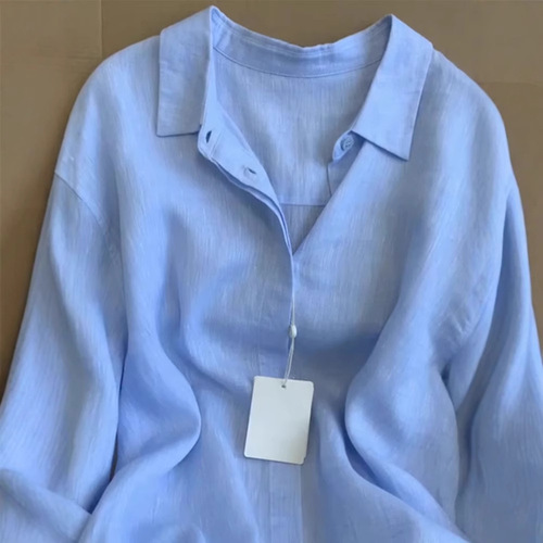 French-style artistic linen blue women's early spring and summer retro loose-fitting slimming casual long-sleeved sun-protective cotton linen top