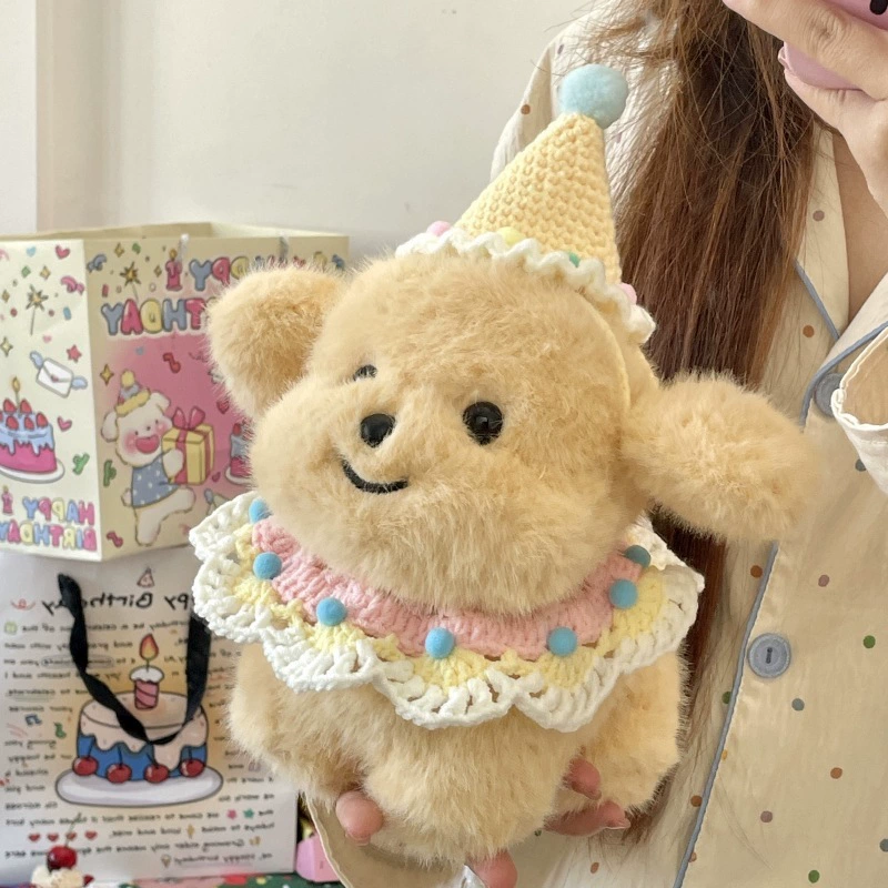 Нагрудник для куклы-щенка, шапка для домашнего животного, шарф для маленького золотистого ретривера на день рождения, милый декор ручной вязки, кремовый цвет