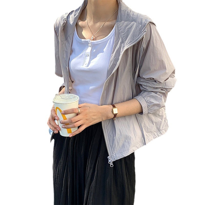 Chaqueta Corta de Protección Solar con Capucha para Mujer Nailon Protección UV Con Cremallera