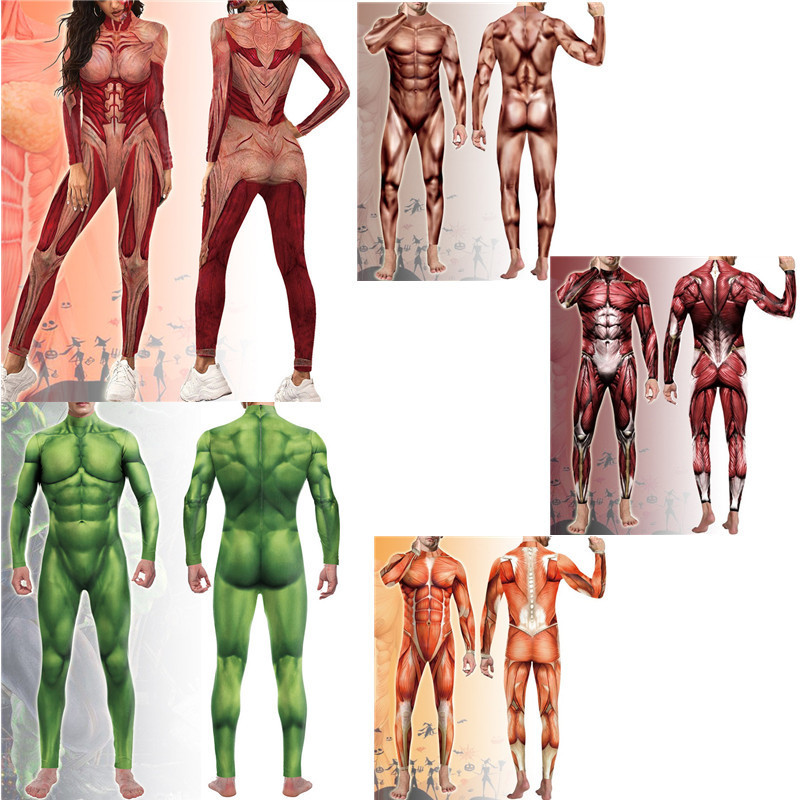 New European and American Halloween muscle cosplay stage performance costumes, funny printed one-piece bodysuits for men and women