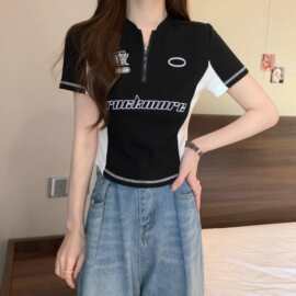 美式复古机车风字母立领短袖T恤女夏季新款小众设计感显瘦短上衣