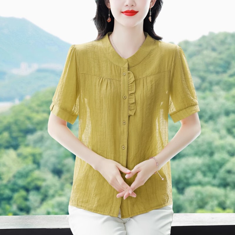 2025 New Loose Short-Sleeved Stand-Up Collar Shirt for Women, Mom Summer Shirt, Mom Style Shirt, Linen Top