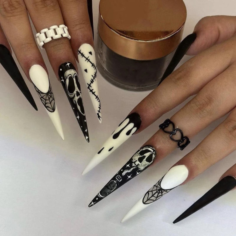 Cross-Border European and American Halloween Long Pointed Fake Nail Tips, Halloween Festival Black and White Skull Wearable Nail Stickers Wholesale Cross-Border European and American Halloween Long Pointed Fake Nail Tips, Halloween Festival Black and White Skull Wearable Nail Stickers Wholesale