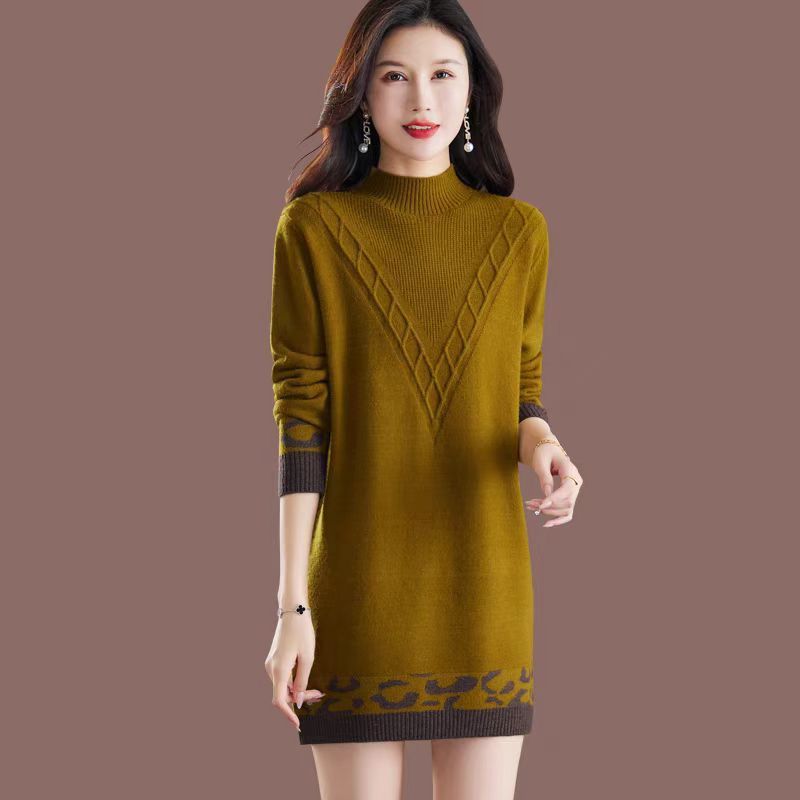 [Cashmere Family] Mittellanger bis langer Pullover aus Wollbasis für Mütter, Wollkleid, lockerer und dicker Jacquard-Strick für Damen_voghion.com