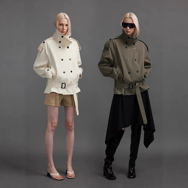 In-Stock 2025 Autumn Stand-Collar Curved Shoulder Silhouette Short Trench Coat for Women, Niche Designer Style