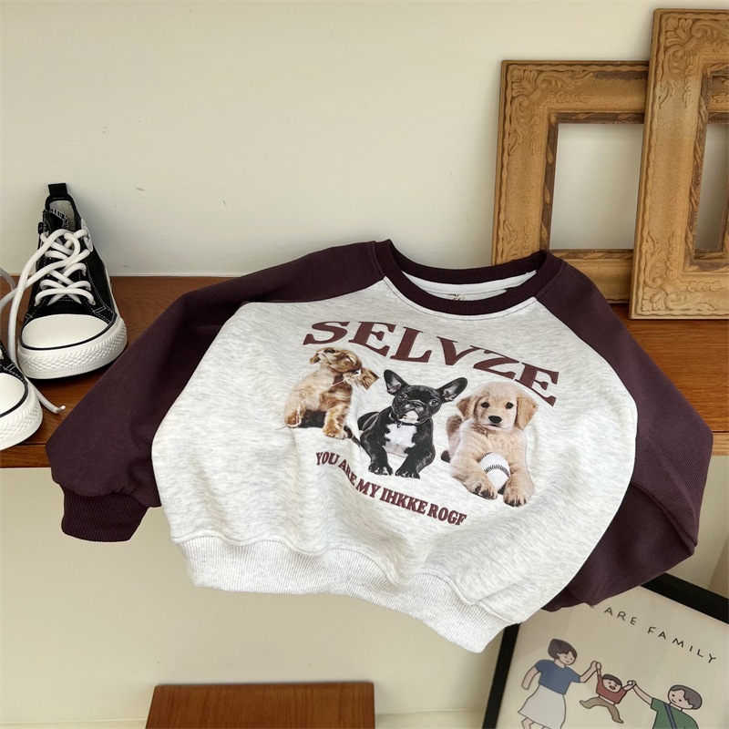 Felpa con cappuccio con motivo a cane con spalle scoperte per bambini autunno 2024, stile trendy, top per ragazzi e ragazze_voghion.com