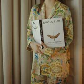 Oliv*轻奢小众款大英博物馆粉色花卉长袖长裤睡衣雪纺缎面家居服