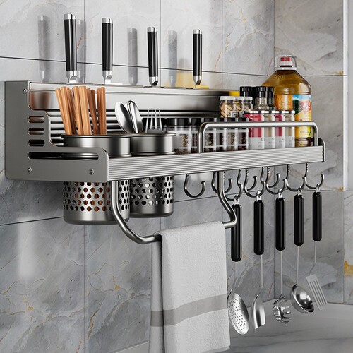 Kitchen rack without punching, wall-mounted multi-functional chopsticks and knife holder, household storage rack, space aluminum seasoning rack