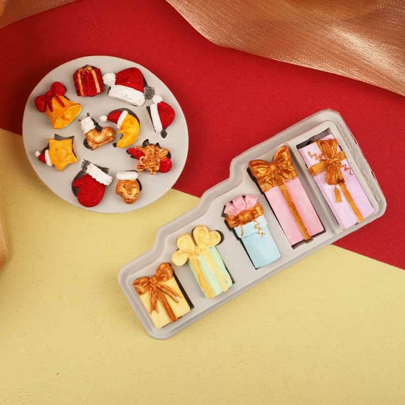 Nuevo tema de navidad molde de silicona DIY molde de fondant de chocolate para hornear decoración caja de regalo sombrero de navidad