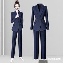 条纹西装套装女春秋通勤气质修身珠宝店工作服酒店前台经理职业装