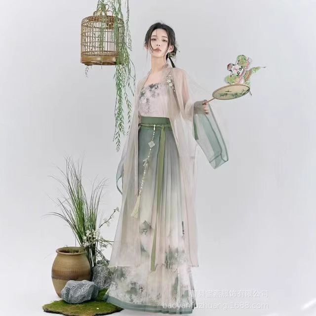 Tang-Style Full Set of Large-Sleeved Shirt and Skirt, Full of Spring Energy, Original Hanfu, Authentic Daily Hanfu for Women, New Style Hanfu with Chest-High Waist