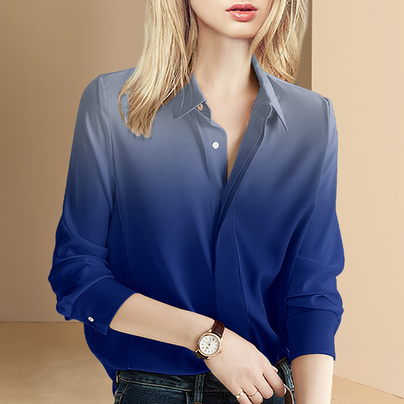 春装2022年新款时尚流行渐变蓝色衬衫女高级感气质小上衣一件代发